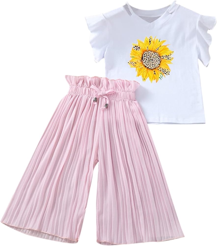 Little Girl Outfits Size 7/8 Toddler Kids Girls Clothing Sets Summer Sunflower T Shirt Tops Chiffon Ruched Loose