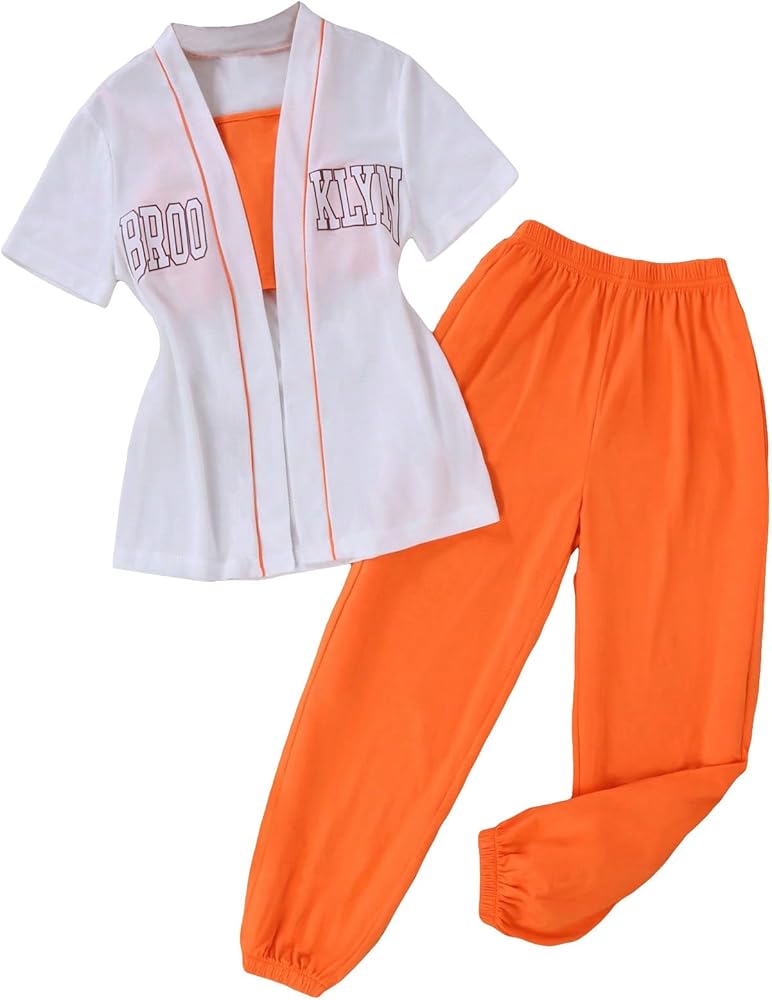 Verdusa Girl's Casual 3 Piece Outfit Letter Print Shirt Cami Top and Sweatpants Set