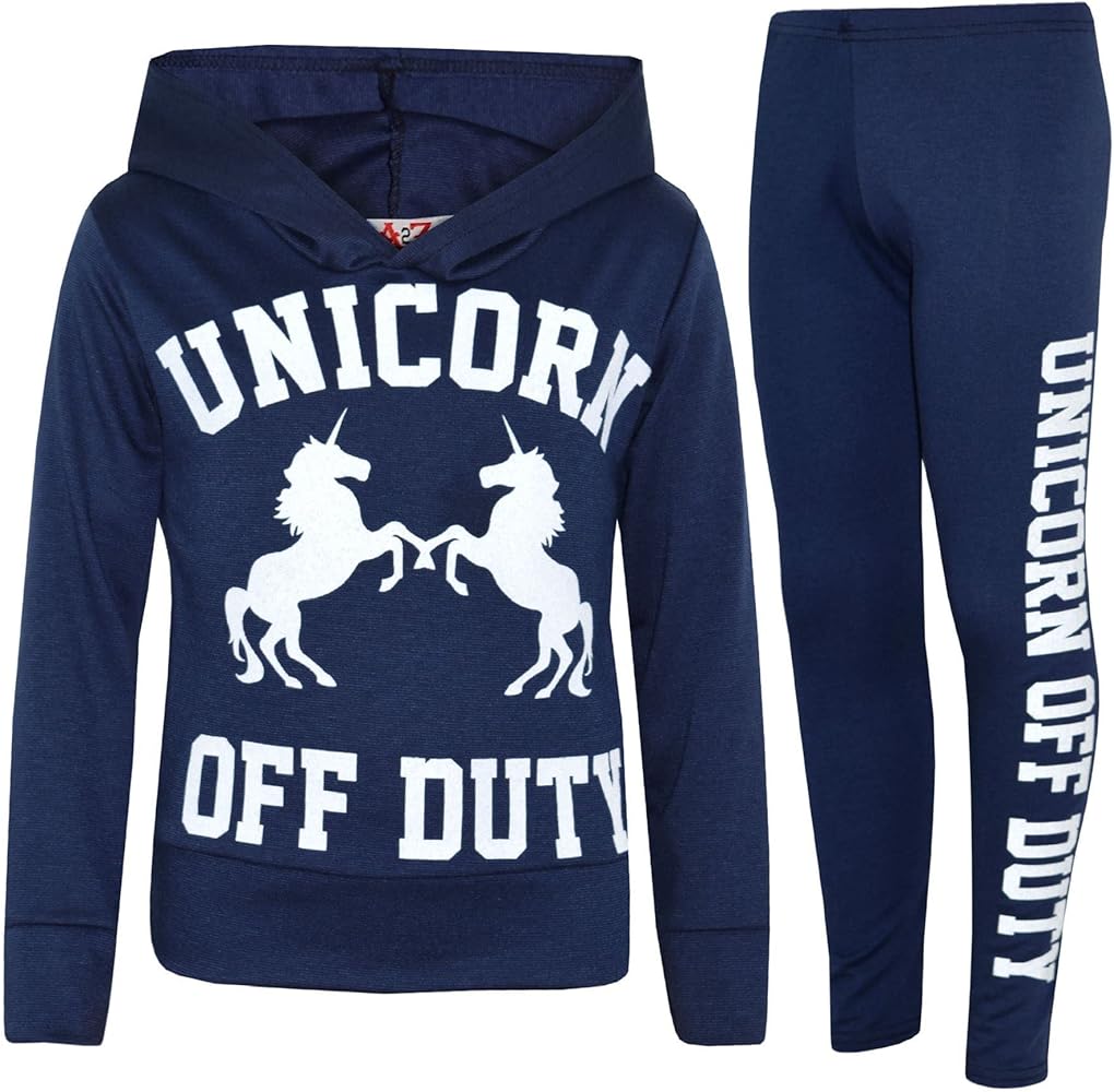 Girls Unicorn Off Duty Navy Hooded Crop Top & Legging Set Kids Active Wear 7-13 Years