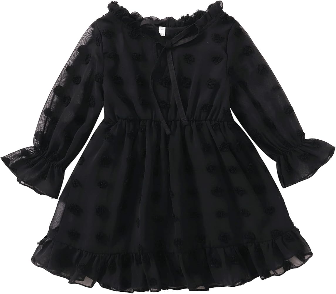 Maacie Toddler Girls Swiss Dot Dress Flared Sleeve Babydoll Dresses for Fall