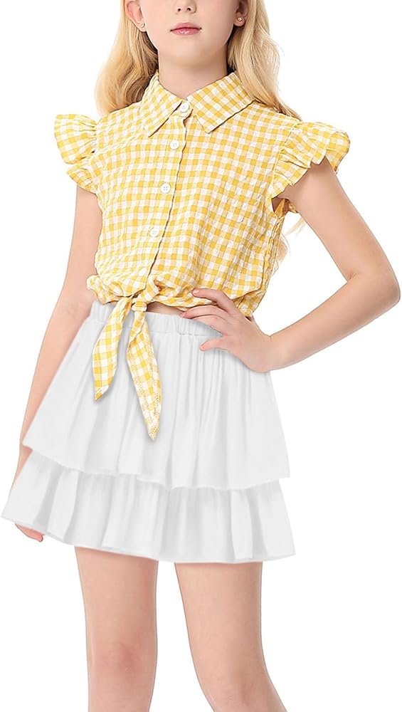 Girl's Skirt Set Summer 2 Piece Outfit Tie Knot Crop Plaid Button Shirt Top and Layered Ruffle Skirt Set 3-12Y