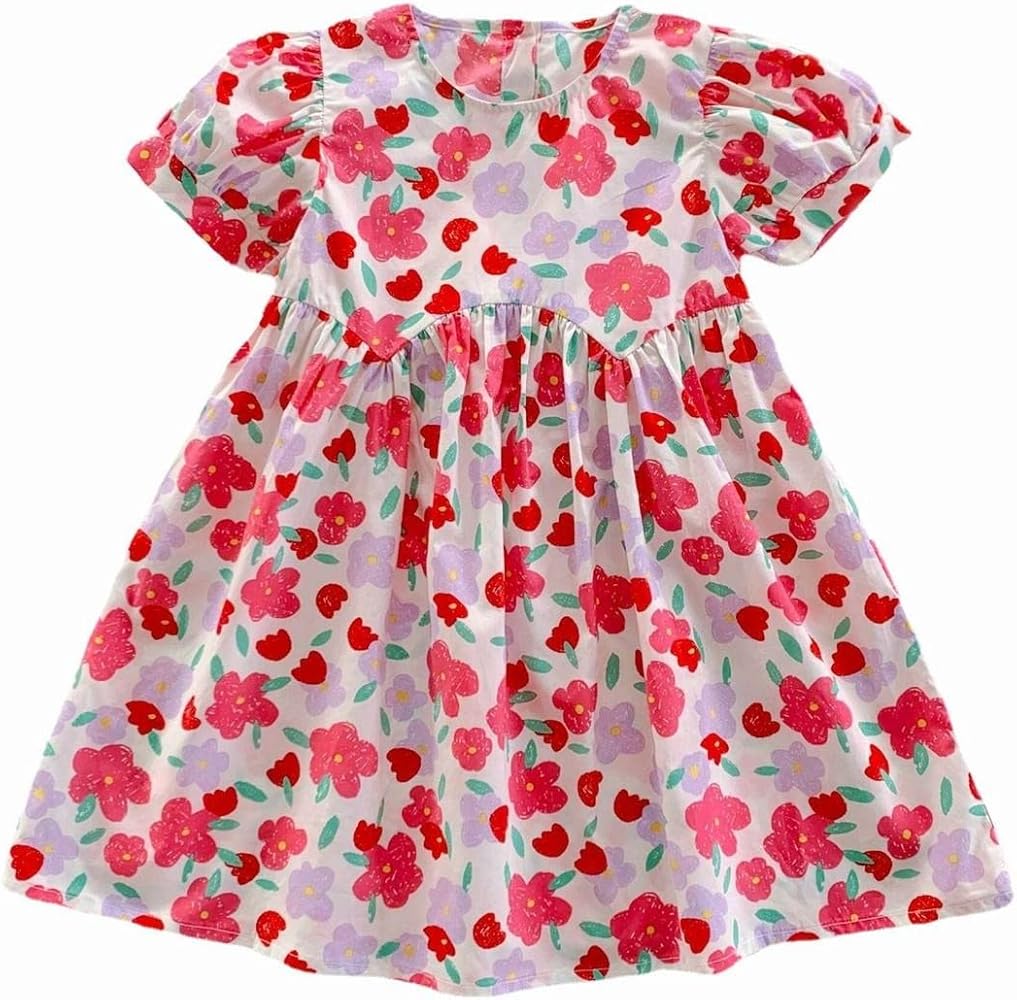 Girls Summer Flower Print Crew Neck Short Sleeve A Swing Skirt Casual Out for 1 to 7 Years Ally B Dresses Girls