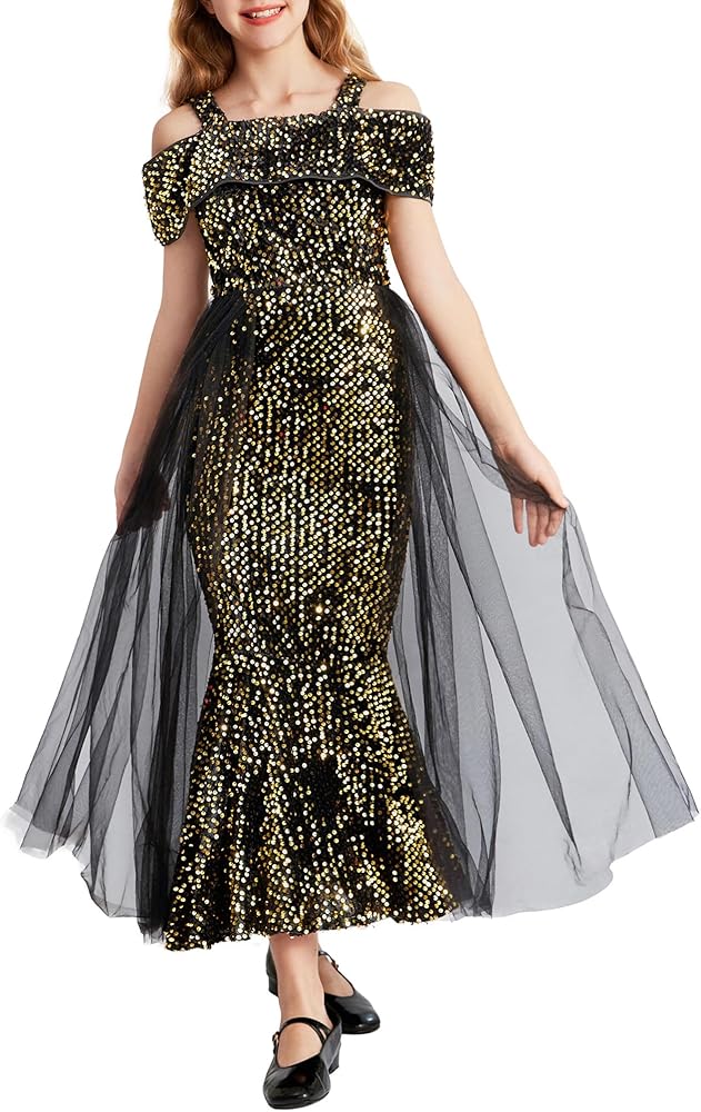 GRACE KARIN Girls Sequin Dresses Kids Off Shoulder Long Formal Prom Dance Sparkly Maxi Dress Size 5-12