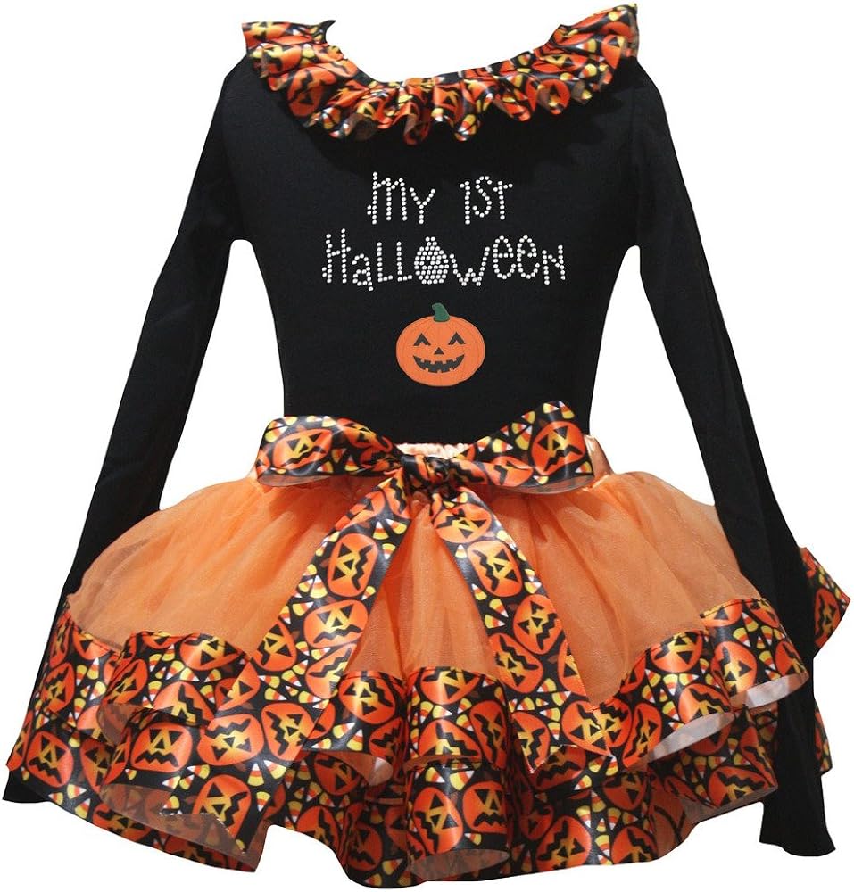 Petitebella My 1st Halloween Black L/S Shirt Orange Pumpkin Petal Skirt Nb-8y