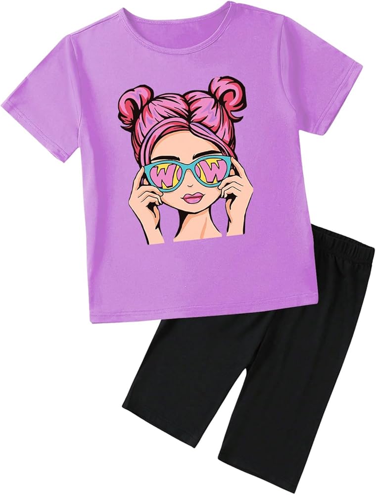 WDIRARA Girl's 2 Piece Outfits Cute Clothing Sets Cartoon Figure Print Short Sleeve Tee and Skinny Short Set