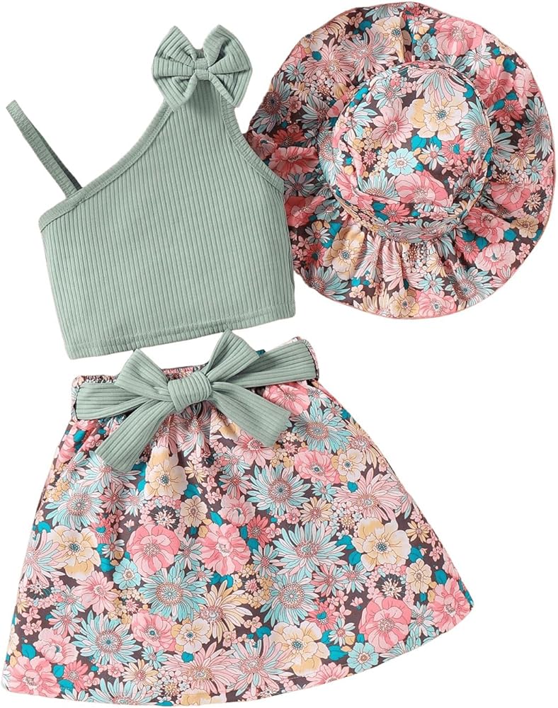 Girl's 3 Piece Asymmetrical Neck Bow Front Ribbed Knit Cami Top and Floral Print Skirt Set with Hat