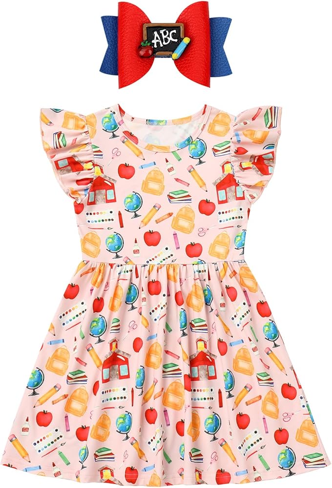 ABAFIP Girls Back to School Outfits Flutter Sleeve Pencil Letters Print Casual Dress with Hair Clip