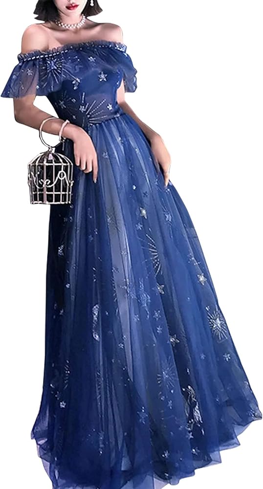 A-Line Sparkle Elegant Prom Formal Evening Dress Off Shoulder Short Sleeve Floor Length