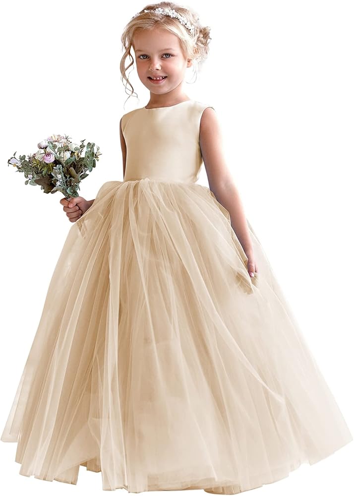 MCieloLuna Champagne Flower Girls Satin Tulle Princess Pageant Dress Heart Cutout Crystal Belt Girl Tulle Dress First Communion Formal Party Dress Champagne 10