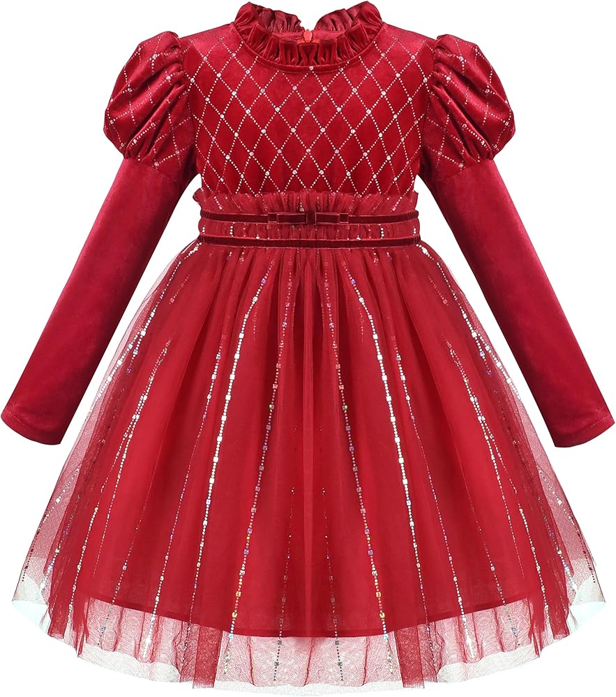 Girls Dress Red Rhinestone Ruffle Mock Collar Puff Sleeve Christmas Party Size 5