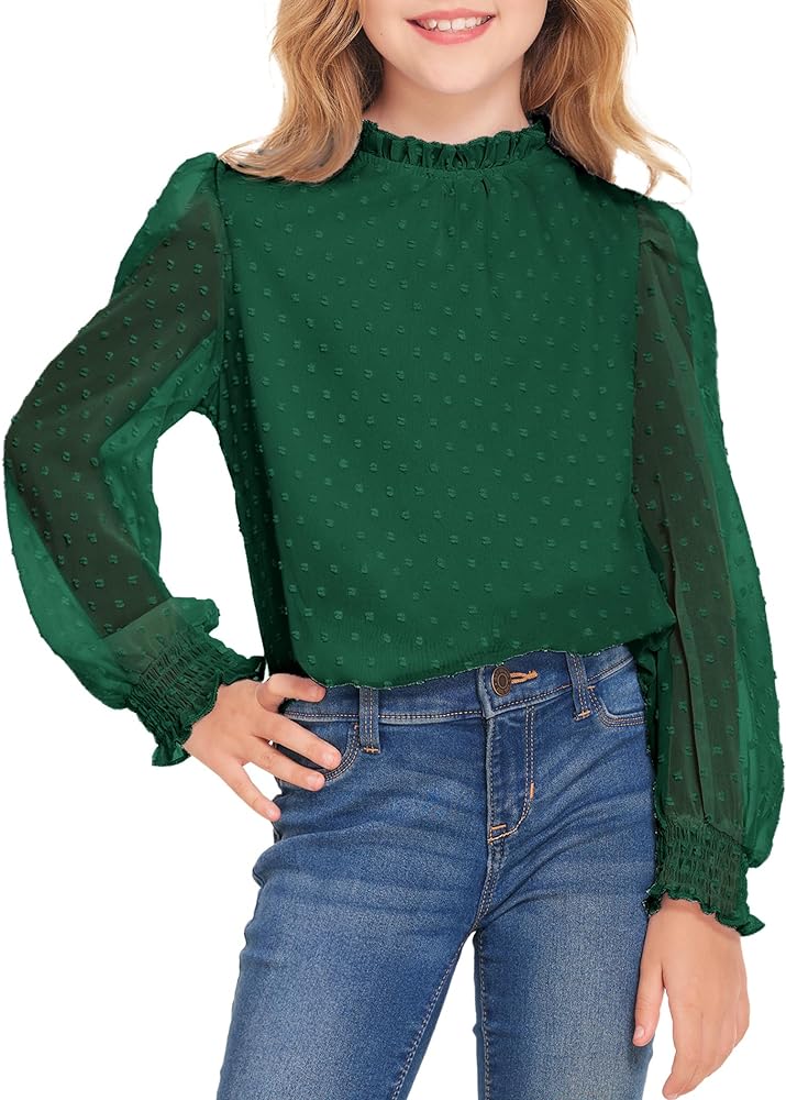 Arshiner Girls Long Sleeve Shirts Chiffon Blouses Swiss Dot Frill Neck Casual Loose Cute Top Tee