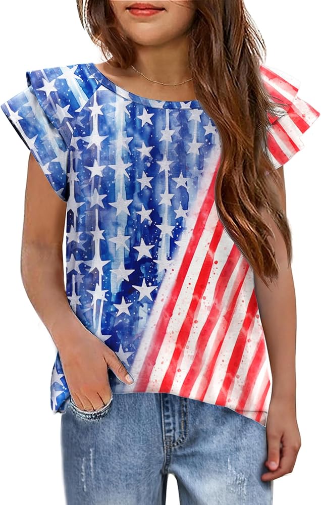 Arshiner 4th of July Shirt for Girl Patriotic American Flag Ruffle Short Sleeves Shirts Tops Tee Blouse