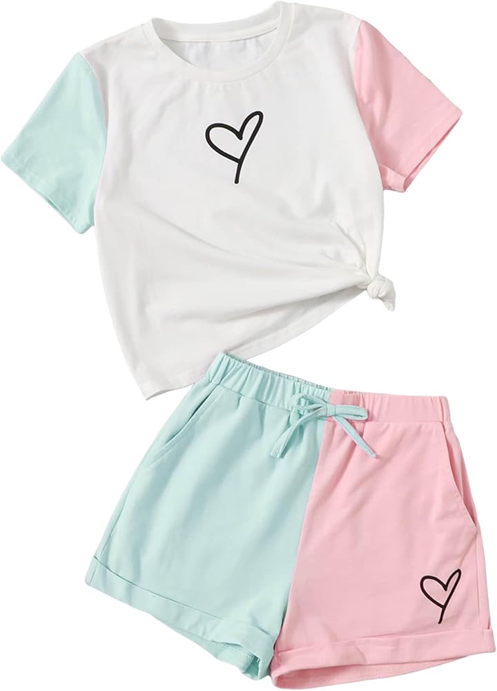 Floerns Girl's Colorblock Short Sleeve Tee Shirt with Shorts Set Two Piece Outfit