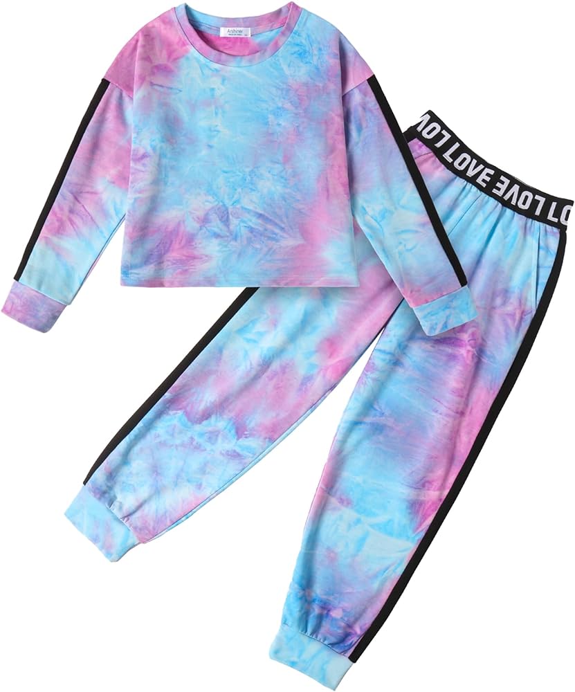 Arshiner Girls 2 Piece Outfits Long Sleeve Crop Tops and Lounge Pants with Pockets Kids Tracksuit Clothing Sets