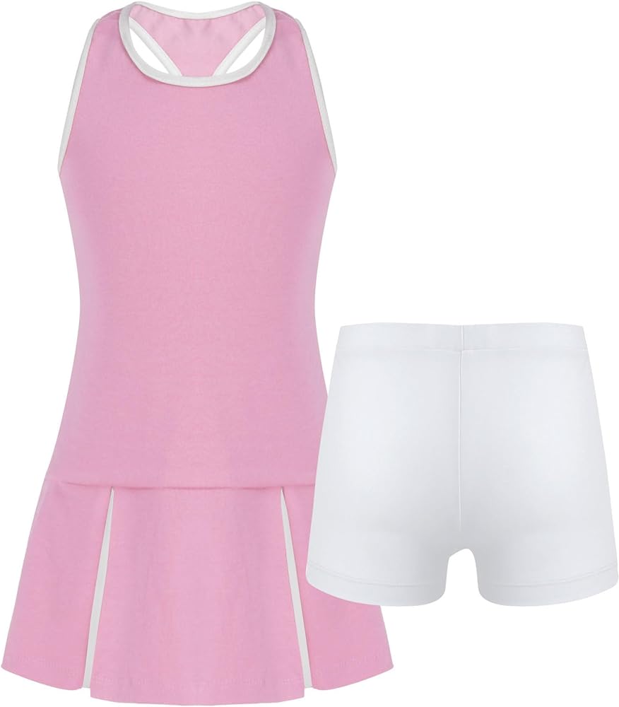 Kids Girls Pleated Tennis Golf Dress Workout Outfits Solid Color Sleeveless Sports Dress with Shorts