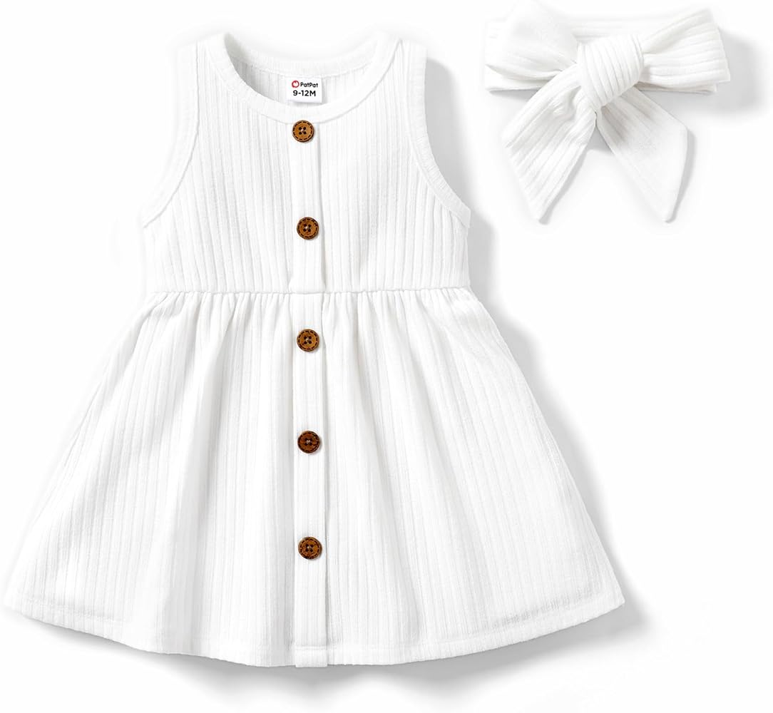 PATPAT Baby Toddler Girl Dresses Infant Sleeveless Summer Solid Dress Rib Knit Tank Skirt Dress Sundress with Headband