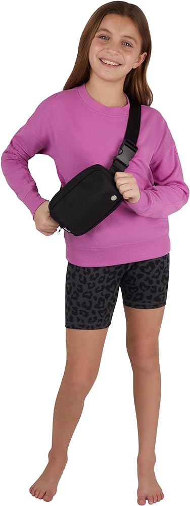 90 Degree By Reflex Girls 3 Piece Set Girls Terry Sydney Crew Sweatshirt and Jersey Everyday 6" Bike Short and Fanny Belt Bag