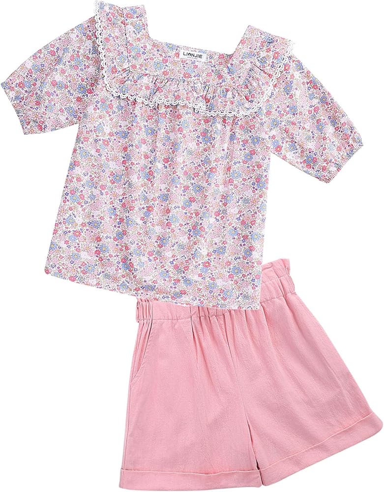 Girls Summer 2 Piece Outfits Square Neck Short Sleeve Tops and Paperbag Shorts Set with Pockets Clothing Set