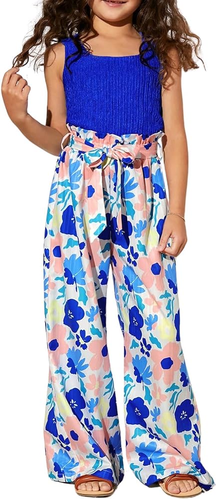 SHENHE Girl's 2 Piece Outfits Floral Pants Set Cute Tank Top and Bow Tie Wide Leg Pant Preppy Clothes