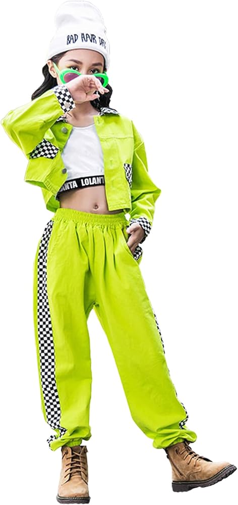 LOLANTA Girls Hip Hop Street Dance Clothes 3PCS Checkered Outfit K-pop Costume Pant Set