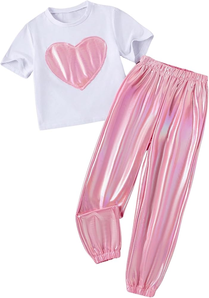 Verdusa Girl's 2 Piece Set Metallic Short Sleeve Tee Top and Elastic Waist Jogger Tracksuits