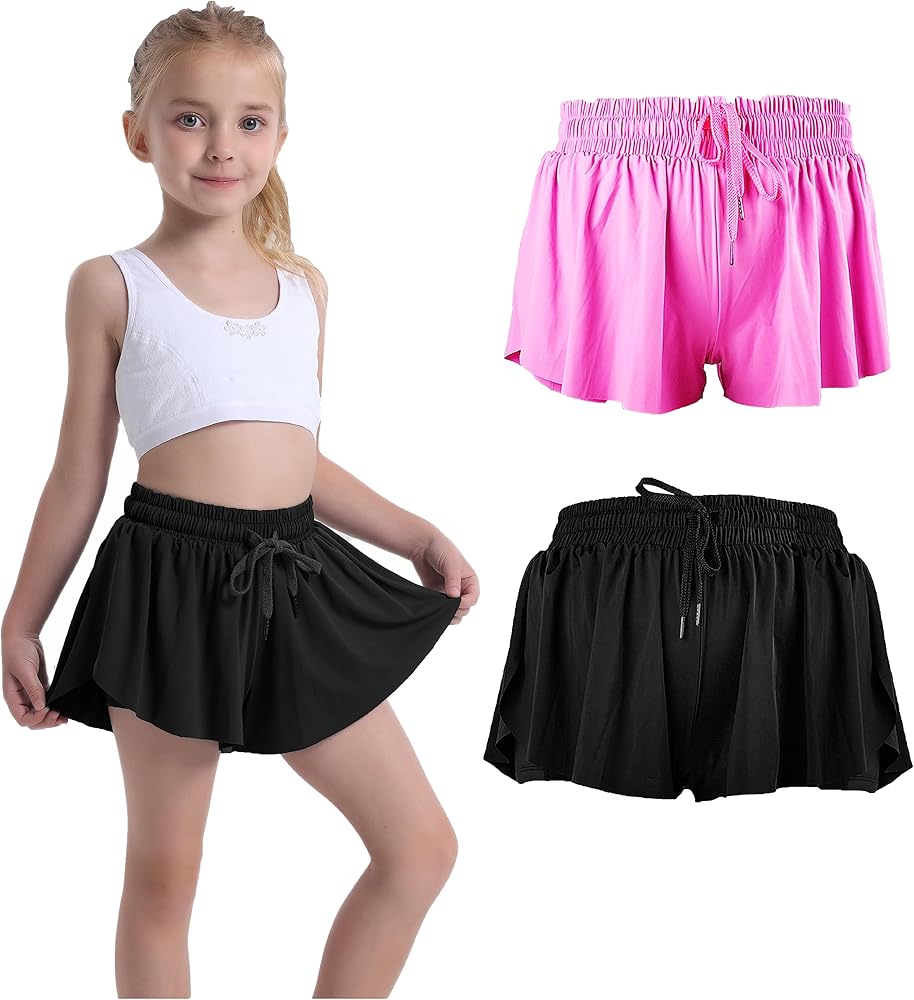 2 Pcs Girls Athletic Flowy Shorts with Inner Pockets 2-in-1 Youth Butterfly Skirts for Fitness Running Tennis Sports