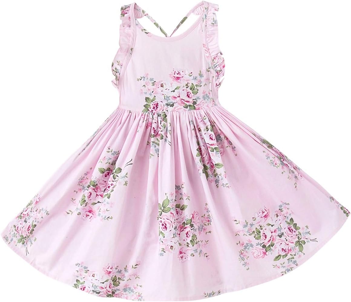 Toddler Vintage Floral Girls Dress Baby Backless Sundress Sleeveless Matching Outfits 5-6Y