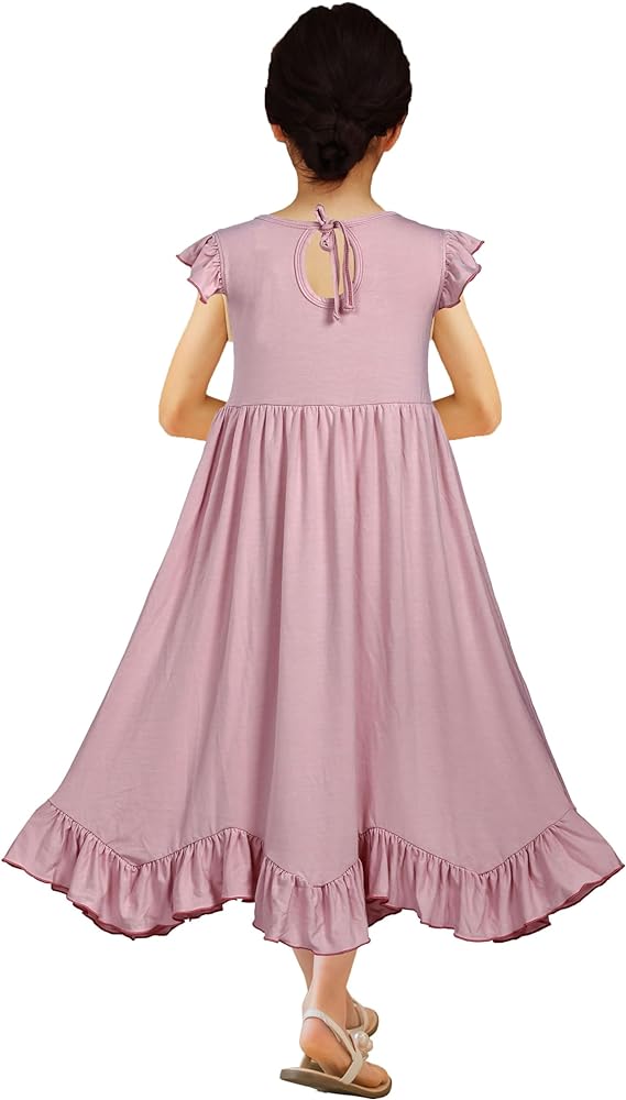 Girls Boho Maxi Twirly Dress, Flower Girl Summer Flowy Ruffle Swing Party Long Dresses