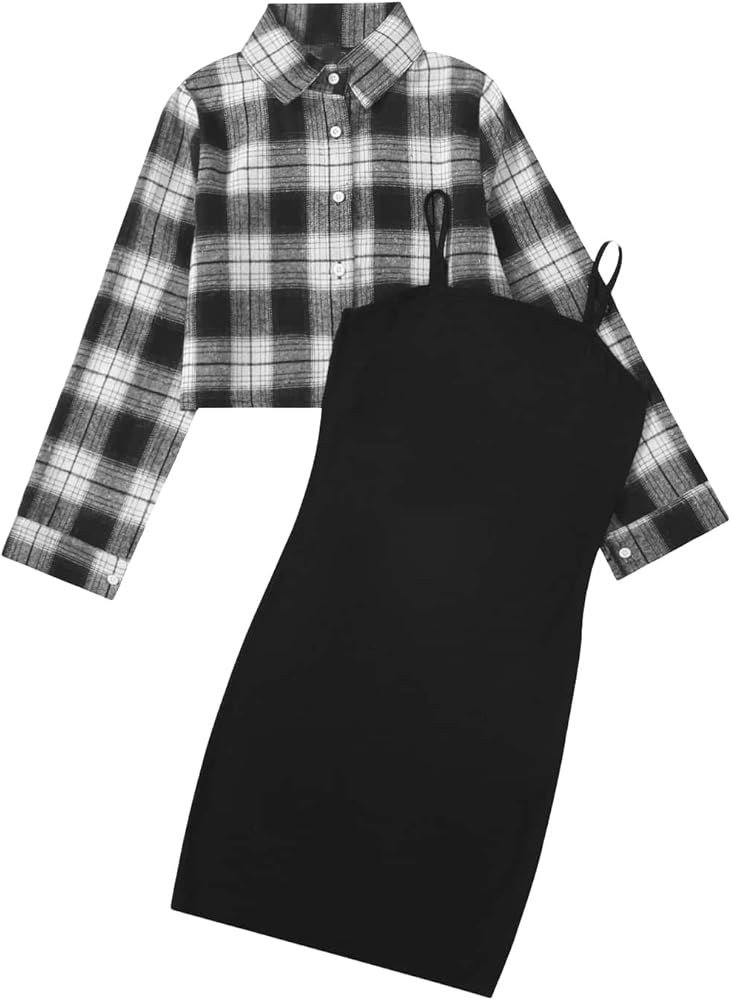 SOLY HUX Girl's Plaid Long Sleeve Shirt and Bodycon Dress Set 2 Piece Outfits