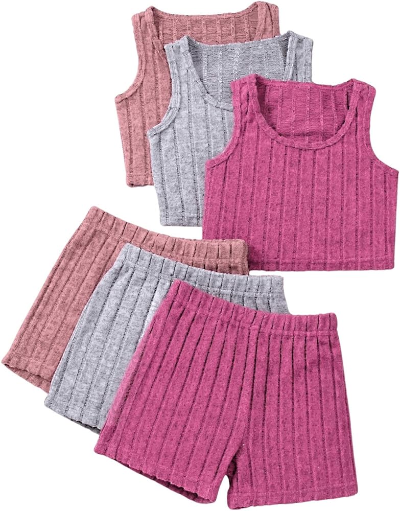 GORGLITTER Girl's 6 Piece cute Outfits Ribbed Knit scoop neck Sleeveless Tank Top and Shorts Set