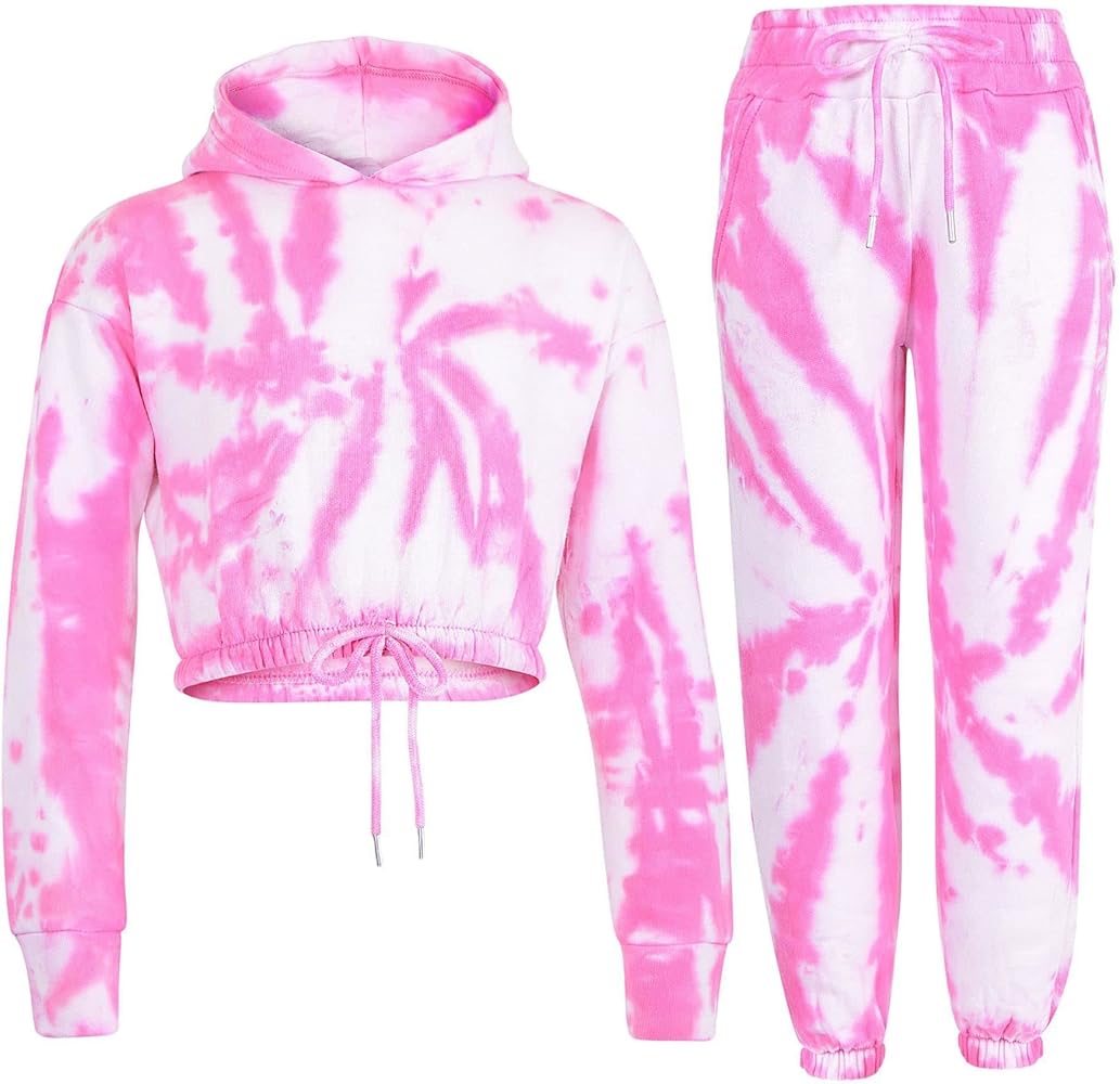 Kids Tie Dye Pink Tracksuit Gym Cropped Hoodie Sweatpants Cord Set Girls 5-13 Yr