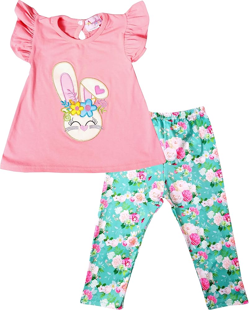 Baby Toddler Little Girls Easter Bunny Floral Outfits - Embroidery Top Leggings Sets