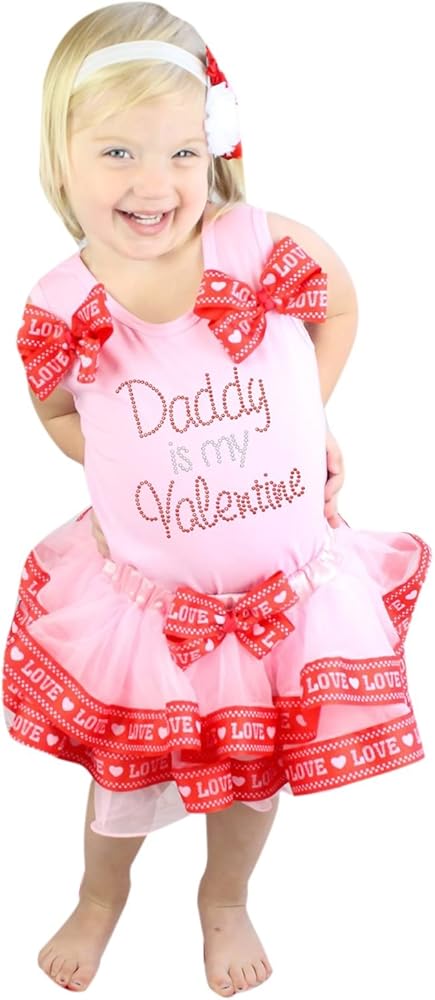 Daddy Is My Valentine Dress Pink Shirt with Red Love Bow Petal Skirt Set 1-8y