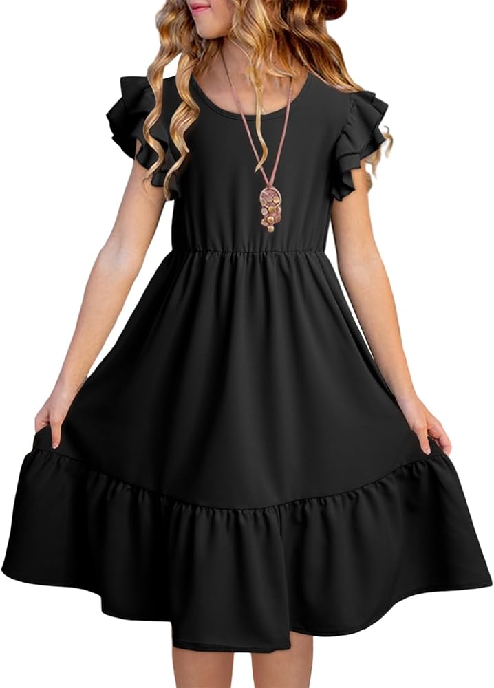 blibean Teen Girls Dresses Kids Double Layer Ruffle Sleeve Dress Size 6-15 Years