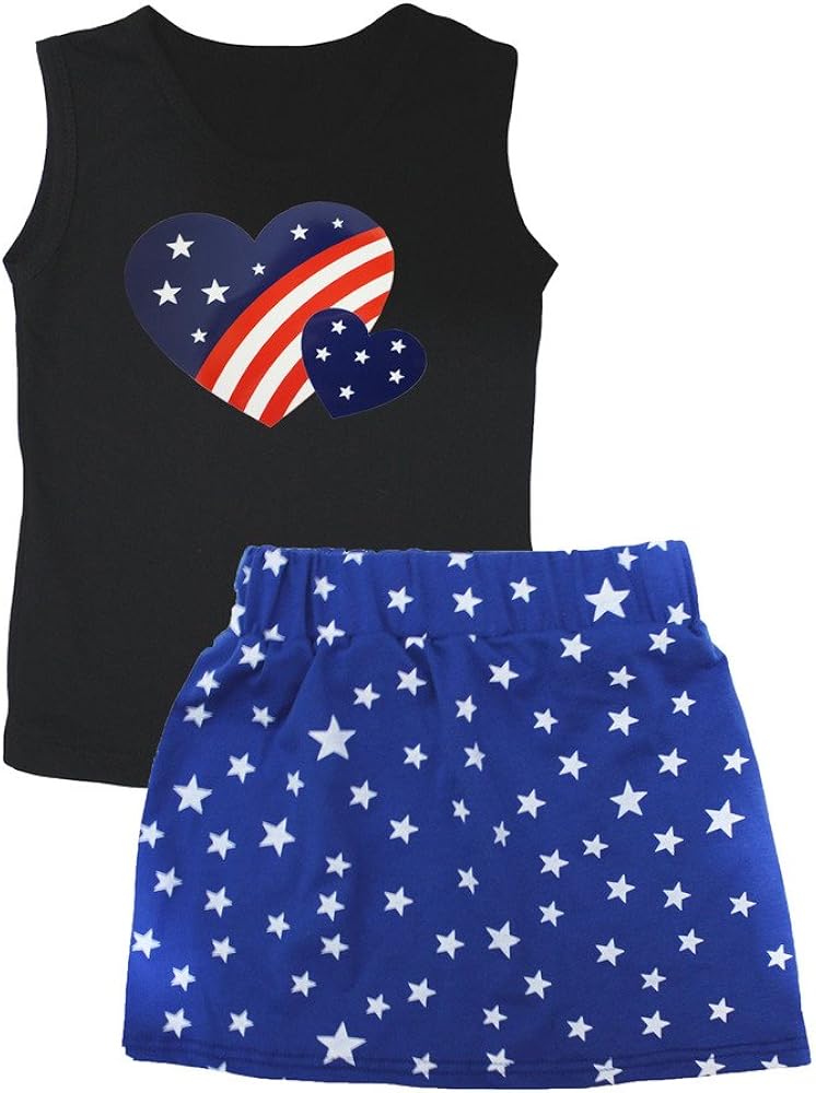 Petitebella USA Twin Heart Black Vest Star Blue Skirt Set 1-8y