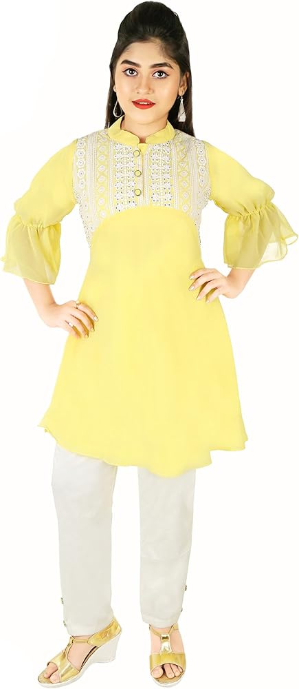 Indian Festival Girls Kids Comfy yellow Georgette Kurti & cotton Pant Girls Suit set K22 9003