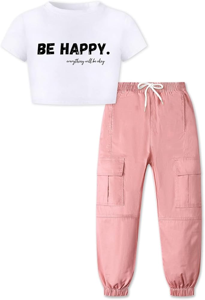 Betusline 2 Piece Clothes Set For Girls, White Cute Short Sleeve Crop Tops and Pink Jogger Pants, Cute Clothes for Teen Girls, 11-12 Years = Tag 160