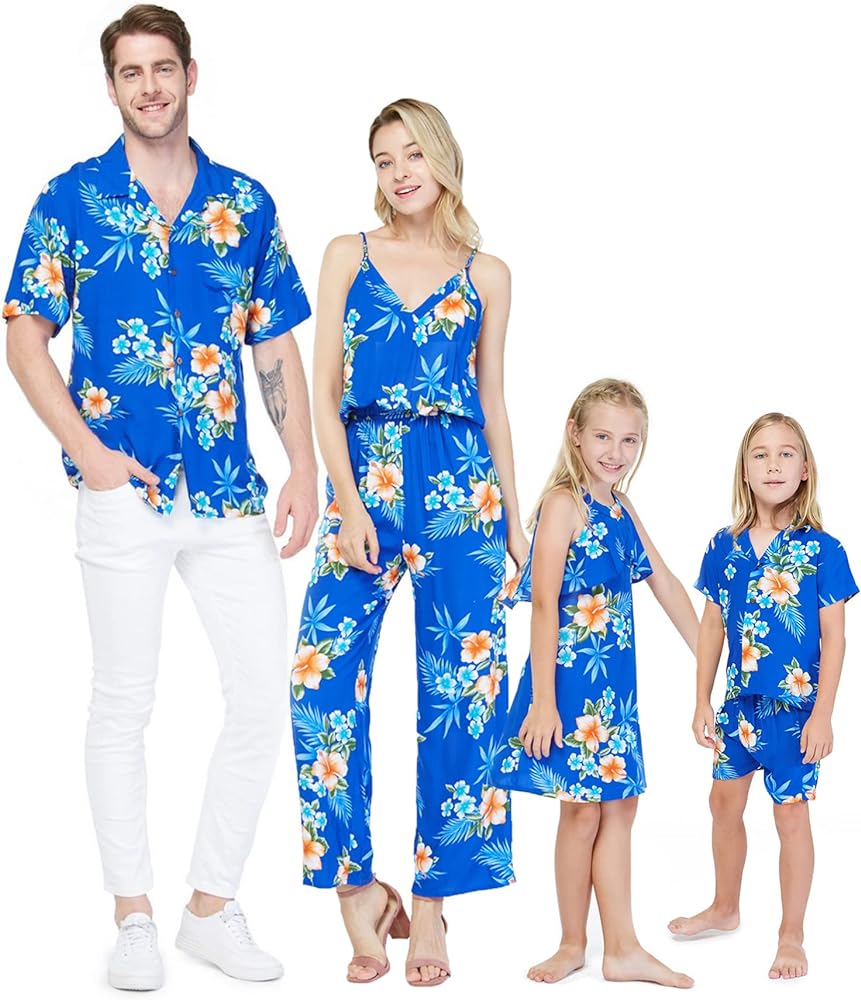 Matchable Family Hawaiian Luau Men Women Girl Boy Clothes in Hibiscus Blue