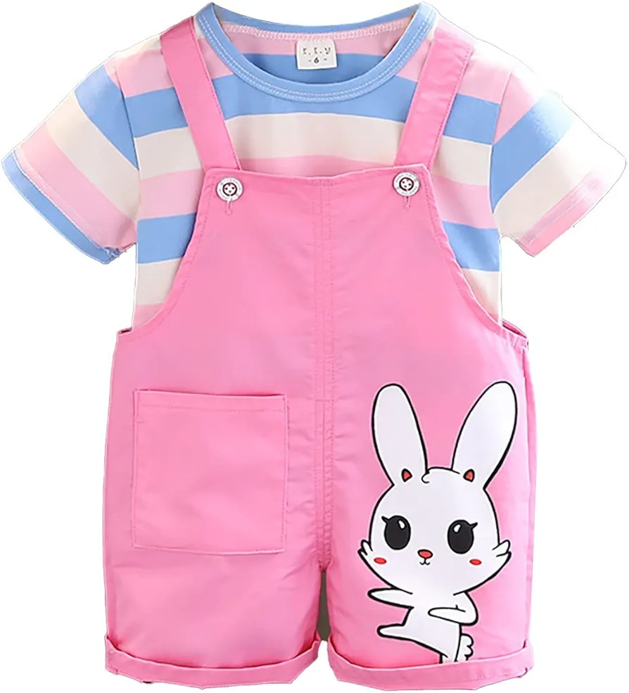 Girls' Summer Suit Color Blocking Striped Top Rabbit Print Suspenders Two Piece Casual Suit Cute Long Sleeve Teen Girl (Hot Pink, 3-4 Years)