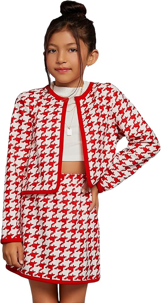 WDIRARA Girl's 2 Piece Outfits Houndstooth Zip Up Half Sleeve Jacket and A Line Skirt Set