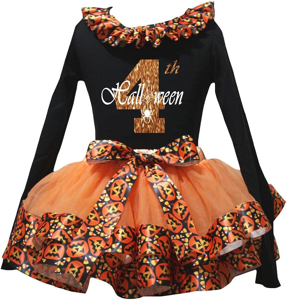 Petitebella 1st-6th Halloween Black L/s Shirt Orange Pumpkin Petal Skirt Nb-8y