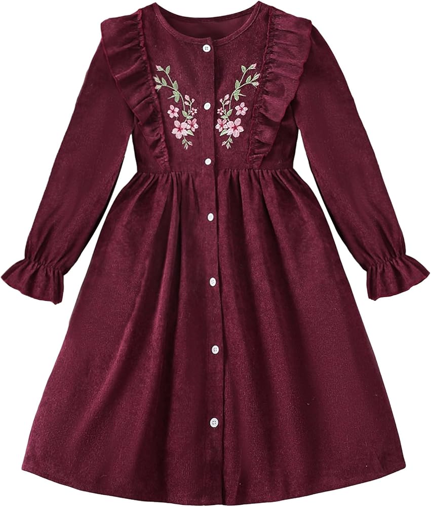 Floerns Girl's Embroidery Frill Trim Long Sleeve Button Down A Line Midi Dress