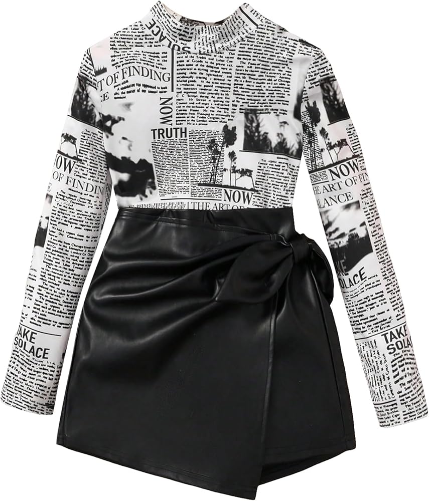 WDIRARA Girl's 2 Piece Outfits Newspaper Print Mock Neck Tee and Knot Side Wrap Pu Leather Skort Set