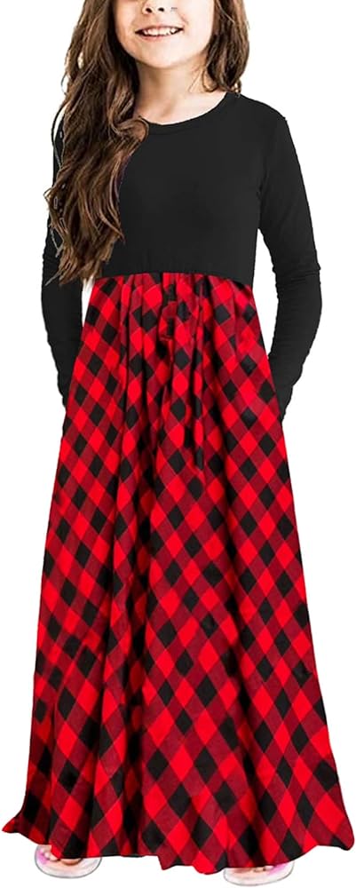 KYMIDY Girls Maxi Dress Kids Buffalo Check Plaid Long Sleeve Casual Dresses with Pockets for Girls 6-14 Years