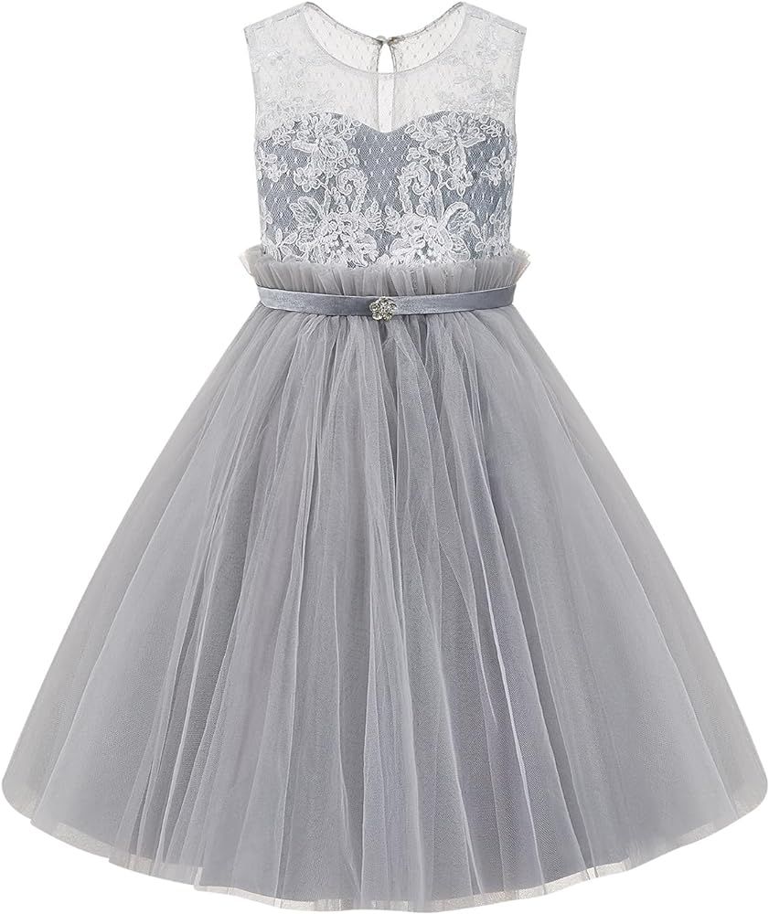 PLUVIOPHILY Lace Dusty Grey Tulle Wedding Flower Girl Dress Junior Bridesmaid Dress…