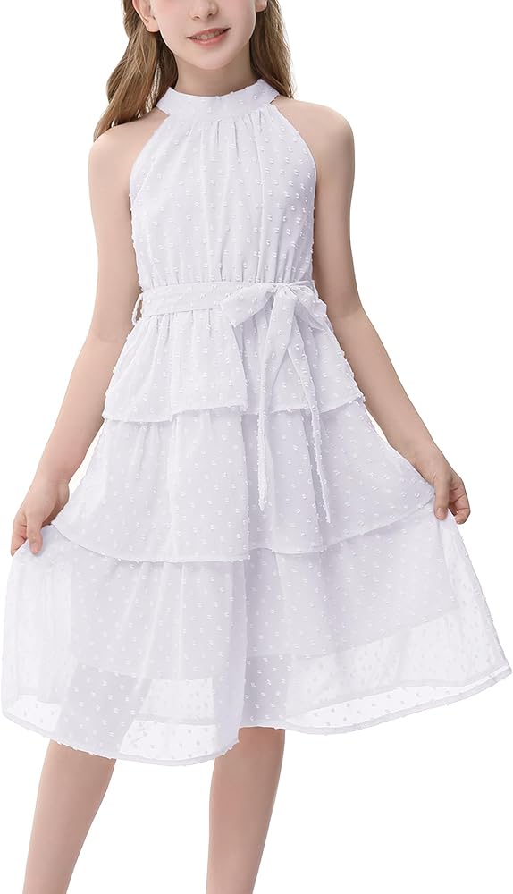 GERU Girls Halter Neck Tiered Dress Sleeveless Tie Waist A-Line Layered Flowy Midi Dress for 3-12 Years