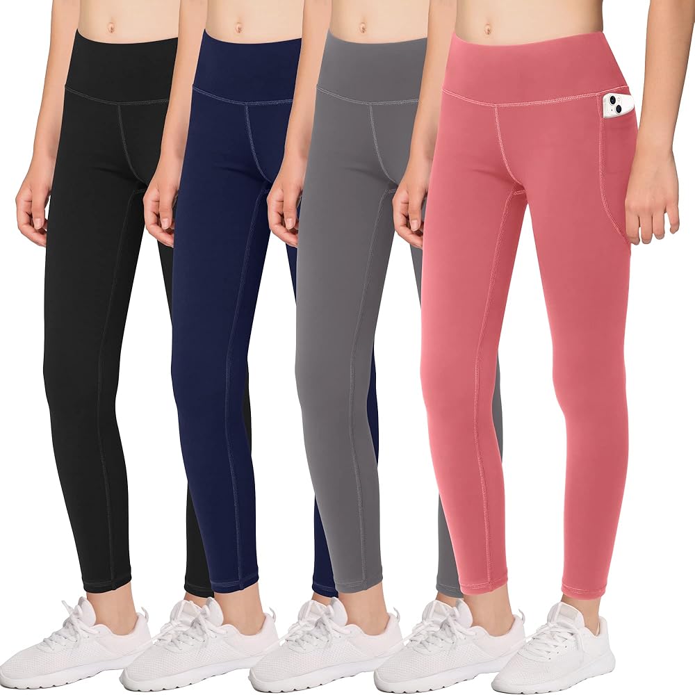 Girls' Athletic Dance Leggings with Side Pockets - Kids Active Tights for Yoga Running Workout Activitie (Pack of 4)