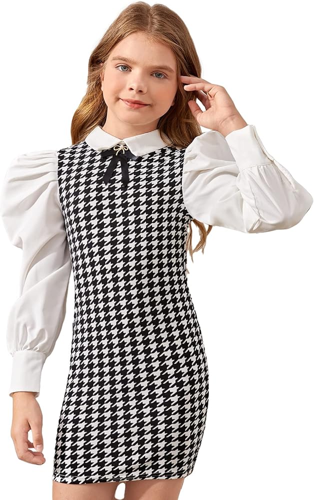 WDIRARA Girl's Houndstooth Long Puff Sleeve Fitted Mini Dress Vintage Cute Dress