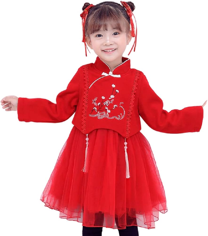 Quenny Girls' New Year Cheongsam Dress,Winter Velvet Children'S Chinese Style Tang Suit,Thickened Mesh Princess Skirts.