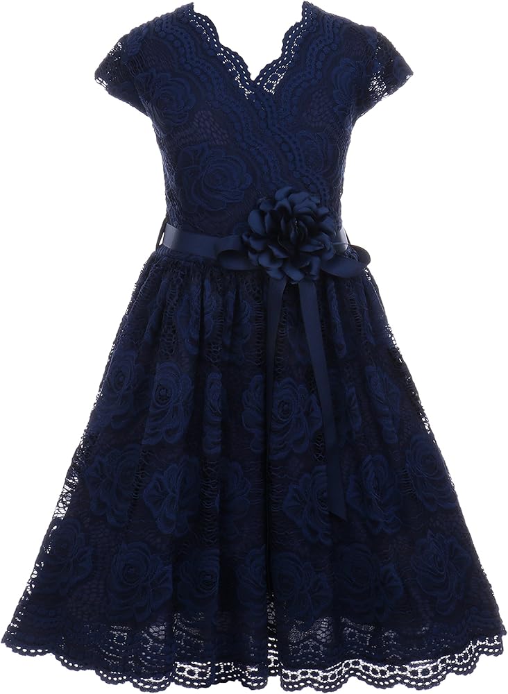 Cap Sleeve V-Neck Floral Lace Dress with Corsage Flower Belt